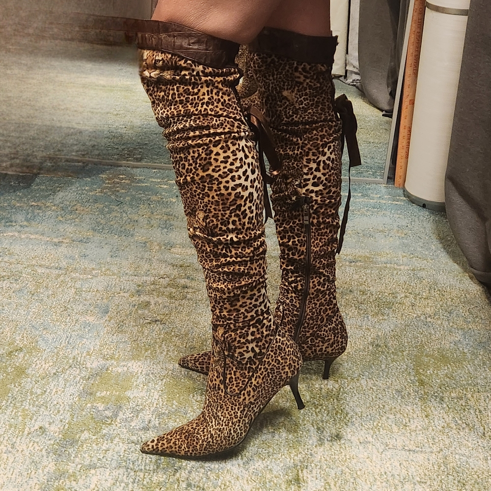 Renzoni Leopard Print Thigh/Knee-High Boots Leather Trim 3" Heel 9 /8.5 40 Italy